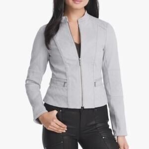 White House Black Market Full Zip Moto Jacket Short Waist Fitted Light Gray 00